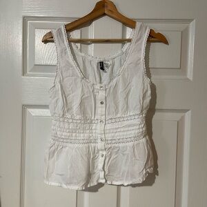 Divided White Sleeveless Blouse Tank with Button Detail